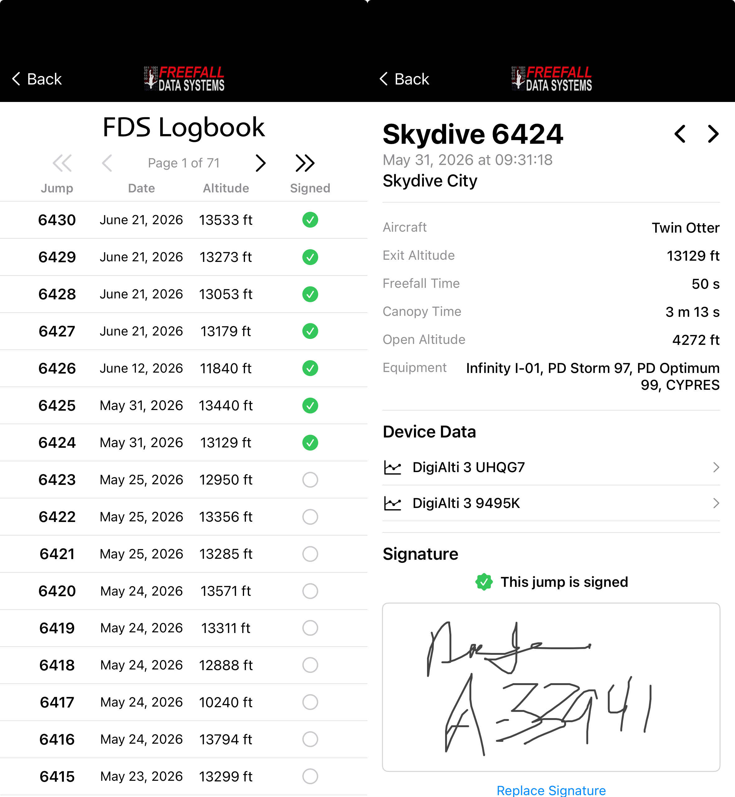 Signing a jump on a phone in the FDS Altis app